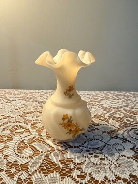 Vintage Fenton Custard Satin Glass Vase Hand Painted M Trembly Ruffled Floral